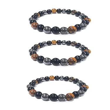 Imagem de Conjunto de pulseiras magnéticas de hematita com contas de pedra olho de tigre obsidiana preta, proteção tripla, alívio da ansiedade, pulseira elástica para homens e mulheres, boa sorte, energia e terapia de cura, Pedra, Liga metálica.,