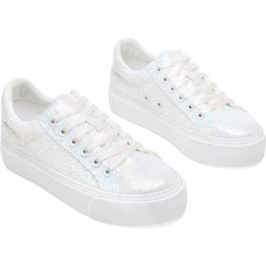 Imagem de AISFAES Tênis feminino com plataforma com glitter, cadarço brilhante, grosso, moderno, cano baixo, confortável, metálico, lantejoulas, tênis de caminhada, Glitter branco, 35