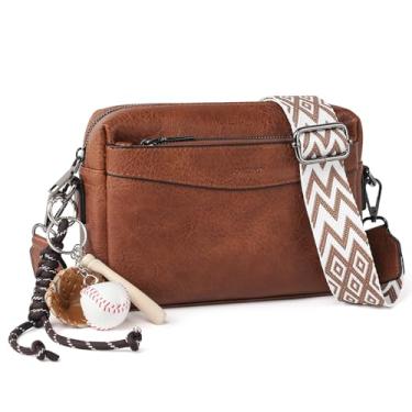 Imagem de TANTOMI Bolsas transversais para mulheres, bolsa tiracolo de couro com zíper triplo, carteira feminina com alça larga, Marrom, M