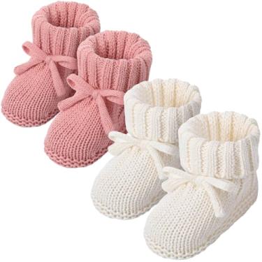 Imagem de Jeere 2 pares de botas de tricô para bebês de 0 a 6 meses de crochê para bebês recém-nascidos primeiros a caminhar, meias para presente, Rosa empoeirado, bege claro, 0-6 meses