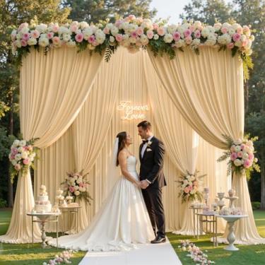 Imagem de gogoparti Cortina de fundo bege sem rugas de 6 m x 3,6 m para festas de casamento, 4 painéis de poliéster grosso, 1,5 x 3,7 m para casamento, aniversário, chá de bebê, fotografia de Halloween, fundo