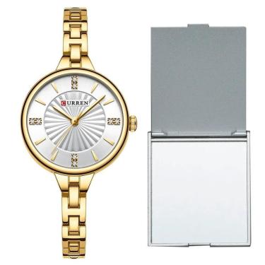 Imagem de Relógio De Pulso Feminino Dourado Curren + Espelho Portátil-Feminino