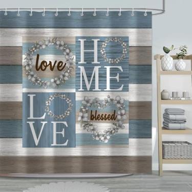 Imagem de Cortinas de chuveiro rústicas azuis e marrons, cortina de chuveiro de casa de fazenda floral doce amor, cortina de banho de tecido de prancha de madeira para decoração de banheiro, tecido impermeável