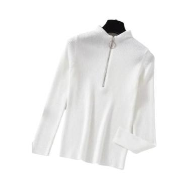 Imagem de Suéter Feminino Vintage De Tricô Com Zíper, Manga Longa, Gola Alta, Ca