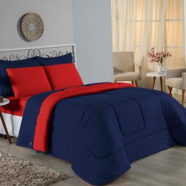 Imagem de Kit Edredom Dupla Face + Jogo De Lençol Casal Viúva Nobre 7 Peças Malha 100% Algodão - Azul-marinho / Vermelho