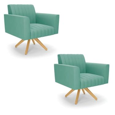 Imagem de Kit 2 Poltronas Giratória Viena Gomada Suede Base De Madeira Ma30 - D'rossi Cor Azul Turquesa