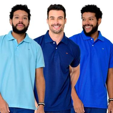 Imagem de Kit 3 Camisas Gola Polo Masculina Piquet Lisa Camisaria Colombo, Azul,