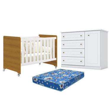 Imagem de Berço Americano Evolution 4 Em 1 Branco Acetinado Savana Reller E Cômoda Americano Branco Hp E Colchão Ortobom - Henn