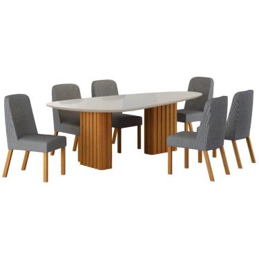 Imagem de Conjunto Sala De Jantar Isis Off White 6 Cadeiras Linho Cinza Base Em Madeira 2 M Leifer Móveis