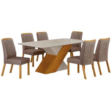 Imagem de Conjunto Sala De Jantar Ilhéus Cinamomo Off White 6 Cadeiras Veludo Camurça Base Em Madeira 1,80 M Leifer Móveis