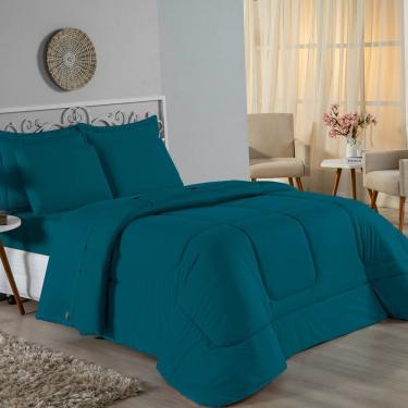 Imagem de Kit Edredom Dupla Face + Jogo De Lençol Casal Nobre 6 Peças Malha 100% Algodão - Petróleo