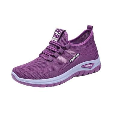 Imagem de Tênis Femininos Roxos De Malha Respirável Com Cadarço, Antiderrapantes