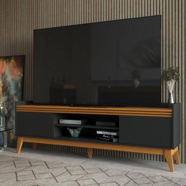 Imagem de Rack Astúrias Para TV até 80 Polegadas Ripado 180 cm 2 Portas  e 2 Prateleiras Design Moderno Preto e Cedro