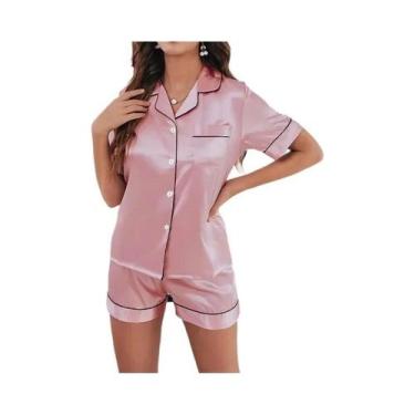 Imagem de Conjunto De Pijama De Verão Feminino Em Cetim Com Camisa De Manga Curt