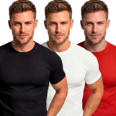 Imagem de Kit 3 Camisetas Masculinas Caneladas Slim Fit Manga Curta Academia Tre