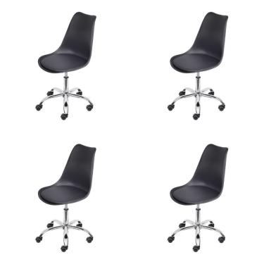 Imagem de Kit 4 Cadeiras Joly Estrutura em Plástico Assento Estofado em PU Preta Base Cromada OR Design