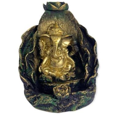 Imagem de Incensário Folha Ganesha Verde Musgo Dourado 11 cm Resina - Lua Mistic