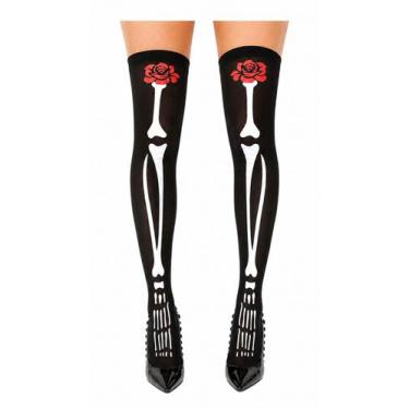 Imagem de Meia Calça Preta Halloween pra Fantasia Esqueleto Caveira Mexicana - F