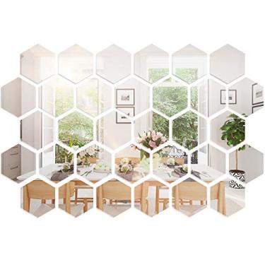 Imagem de Shappy 32 peças de adesivos de parede espelhados hexagonais removíveis prateados adesivos de espelho de acrílico decalques de favo de mel para decoração de parede DIY casa quarto sala de estar (10 x