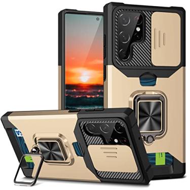 Imagem de OIOMAGPIE Capa protetora para celular com suporte de cartão e suporte de janela deslizante para Samsung Galaxy S22 S21 S30 Ultra Plus FE Note 20 Pro, capa de proteção de lente (ouro, S22 Plus)