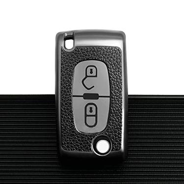 Imagem de CSHU Couro TPU 2 3 Botões Car Key Case Cover Chaveiro Ring Key Bag, apto para Peugeot 107 207 307 307S 308 407 607 Citroen C2 C3 C4 C5 C6 C8,2 botão prateado