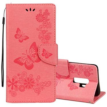 Imagem de Capa ultra fina para Galaxy S9 vintage em relevo floral borboleta padrão horizontal capa de couro com slot e suporte para cartão e carteira e cordão (preto) capa traseira do telefone (cor: rosa)