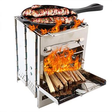 Imagem de Fogão dobrável a lenha Premium Fogão de acampamento para mochilão, caminhada, RV e sobrevivência - Kit de fogão barril com alças, prata, GG