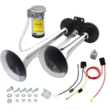 Imagem de GAMPRO Buzina pneumática de 12V 150db, buzina de ar de trompete duplo de zinco cromado com compressor para qualquer veículo de 12 V, caminhões, trens, barcos, carros, vans (prata)