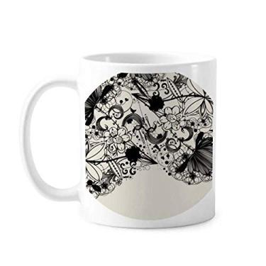 Imagem de Plantas de flores preto branco arte grão contorno caneca cerâmica café porcelana copo talheres