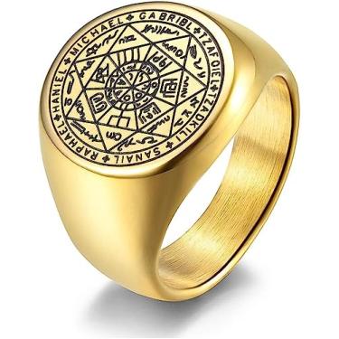 Imagem de YILUOCD Anel Selo dos Sete Arcanjos para Homens - Joia Talismã de Proteção Tetragrama Salomão de Aço Inoxidável, Metal, Envoltório
