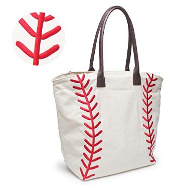Imagem de YIQIGO Bolsa de beisebol feminina de compras, bolsa de viagem, bolsa casual de lona com softball, bolsa de ombro para academia, Bordado, Large