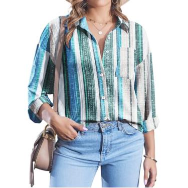 Imagem de IN'VOLAND Camisa feminina plus size de botão listrada com colarinho camisa de manga comprida texturizada blusa de trabalho tops com bolsos, Azul multicolorido., 25 Plus Size