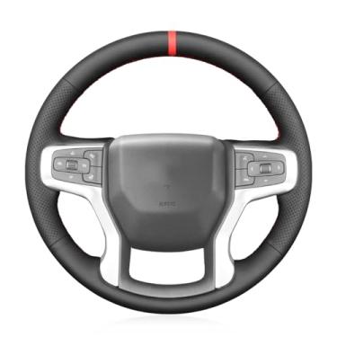 Imagem de MEWANT Capa de volante de couro genuíno preta com costura manual para Chevrolet Blazer Silverado 1500 Silverado 2500/3500