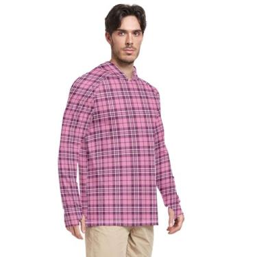 Imagem de Moletom masculino com capuz de manga comprida com proteção solar FPS 50 + camiseta de sol com capuz UV Rash Guard, Tartã xadrez rosa choque, XXG
