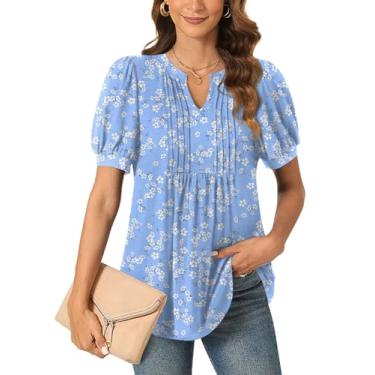 Imagem de Anyally Blusa feminina casual elegante de verão manga curta túnica tops plissados para o trabalho, Flor branca azul plissada, GG