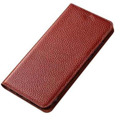 Imagem de HAO RIYLN Capa de couro real para Google Pixel 8 Pro/Pixel 8 A/Pixel 8, fecho magnético, capa tipo carteira flip com compartimento para cartão, suporte, padrão de lichia, marrom, 8