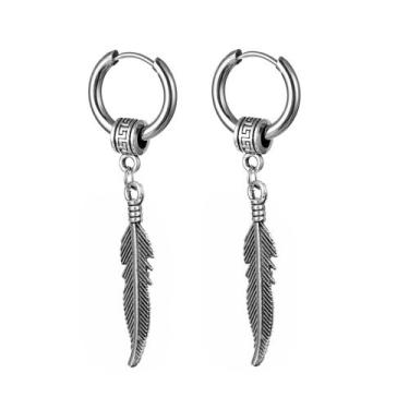 Imagem de Par brinco masculino de pena argola prata prateada em aço inoxidável p