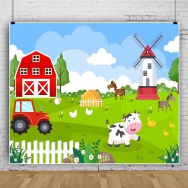 Imagem de Pano de fundo de fazenda, 3 x 2,4 m, desenho de fazenda, verde, animais fofos, fotografia, tema de fazenda, aniversário, chá de bebê, decoração de festa, estúdio de fotos, adereços
