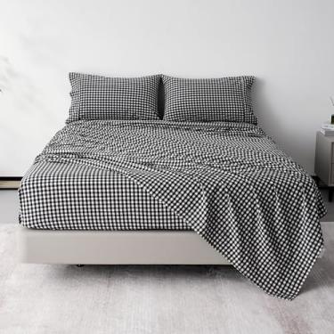 Imagem de Jogo de lençol casal xadrez de algodão com 3 peças, lençol de cama preto guingão 100% algodão luxuoso, respirável e refrescante, conjunto de cama casal com bolsos profundos até 40,6 cm, lençóis xadrez