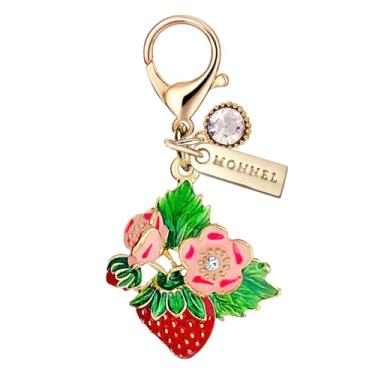 Imagem de MONNEL MC511 Pingente de fecho lagosta pequeno morango vermelho com flores e folhas com bolsa de veludo (rosa, 1 peça), 3 cm (L) X 0.7 cm (W) X3.7 cm (H), Metal de liga de zinco Cristal de strass