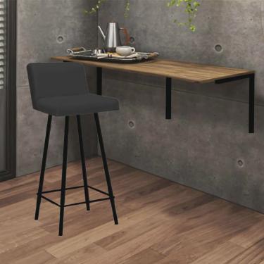 Imagem de Kit Mesa Suspensa de Parede Fixa mdf Rústico + 1 Banqueta Lexi Ferro Preto Corino Preto...
