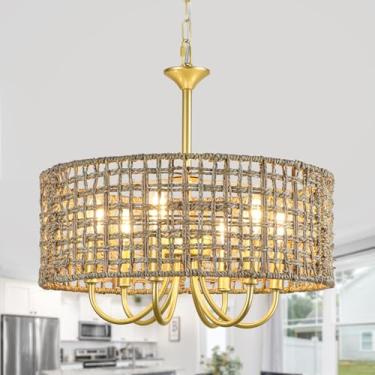 Imagem de WBinDX Lustre Boho De Rattan Para Sala De Jantar, Lustre De Cozinha Com 6 Luzes Costeiras Sobre A Mesa, Luminária Pendente Grande De Rattan Em Ouro Natural Boêmio Para Sala De Estar, Hall De Entrad
