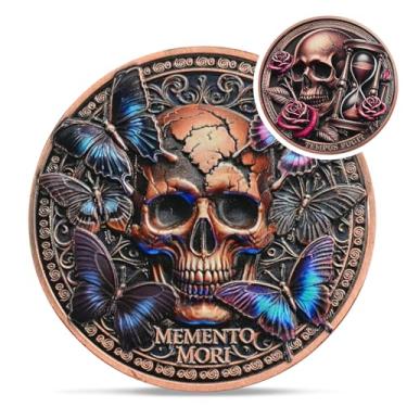 Imagem de Moeda Mori Memento Crânio Borboleta - Ampulheta Rosa Estóica Desafio Moeda - Novidade EDC Amor Fati Token Medalhões para Prática Estóica Diária - Presentes Inspiradores Momento Mori Estoicismo para