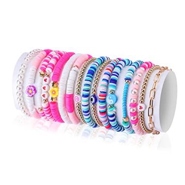 Imagem de KINBOM 16 pulseiras boêmias, feitas à mão, arco-íris, pulseira de disco, boêmio, contas elásticas Heishi para mulheres, joias de praia de verão, 18cm/7 inch, Conta acrílica