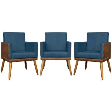Imagem de Kit 3 Poltronas Decorativas Lis Corino e Pé Palito - Azul-marinho Suede Corino