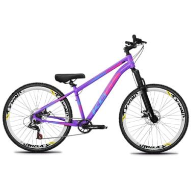 Imagem de Bicicleta Aro 26 Rebaixada Freeride para Grau, Quadro em Alumínio, Relação 1x7, Aros Vmaxx Coloridos, Pedivela 34D, Suspensão 80mm,Lilas Brilho Rosa Branco