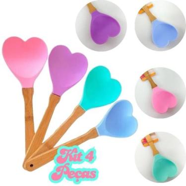 Imagem de kit 4 Peças Colher Candy Coração Grande Plus Espátula Bambu Silicone L
