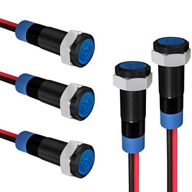 Imagem de APIELE Luz indicadora 6 mm 1/4" à prova d'água IP65 lâmpada de sinal de metal 12V-24V CA/CC LED piloto painel lâmpada alumínio azul 5 peças com fio de 150 mm para carro, caminhão, barco (azul)