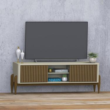 Imagem de Rack Sereno para TV 55” com Ripado 2 portas de correr 160mm Off White / Cedro