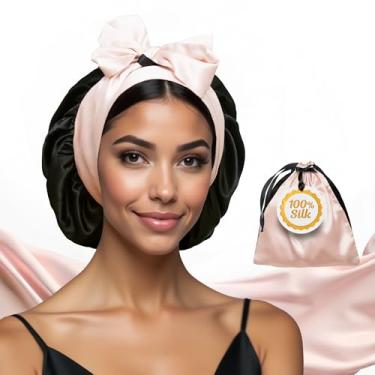 Imagem de Touca de seda 100% amoreira para mulheres dormindo com cabelo encaracolado - Touca de cabelo longo curto para dormir - Alternativa ao gorro de cetim de camada dupla com faixa de gravata - Envoltório